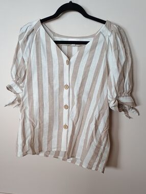 LC Lauren Conrad Beige and White Striped Button-Down Top